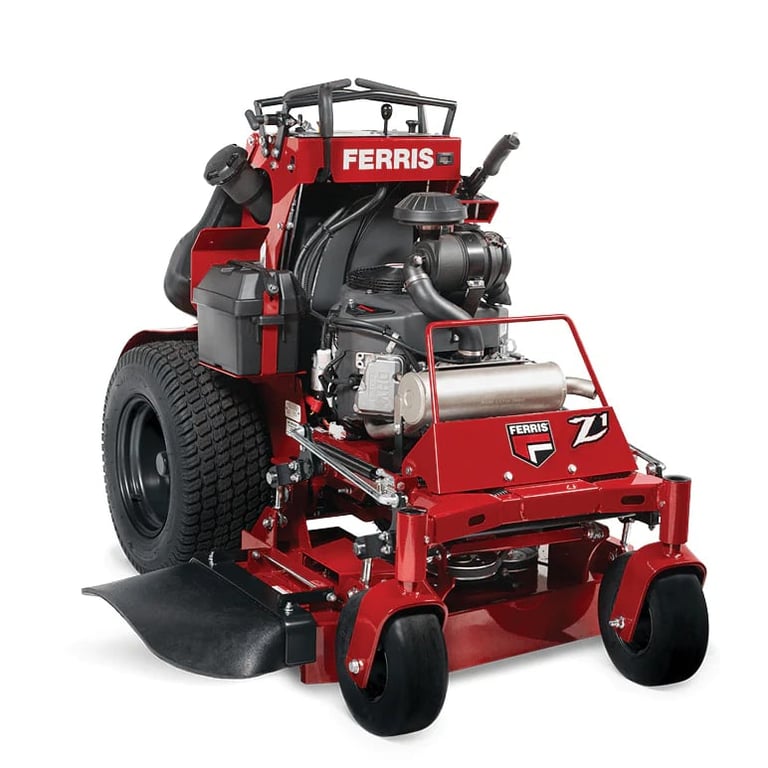 Red Ferris zero-turn radius lawn mower with black engine and large rear tires, viewed from the side