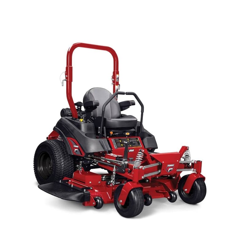 Red and black zero-turn radius lawn mower with roll bar, operator seat, and multiple wheels on white background