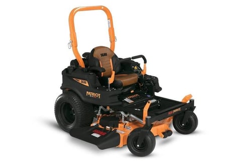 Black and orange zero-turn riding lawn mower with wide deck and overhead canopy frame