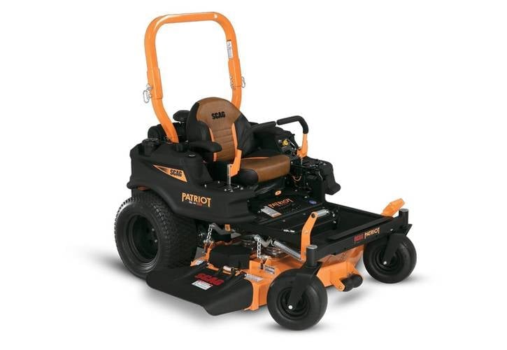 Black and orange zero-turn riding lawn mower with wide deck and overhead canopy frame