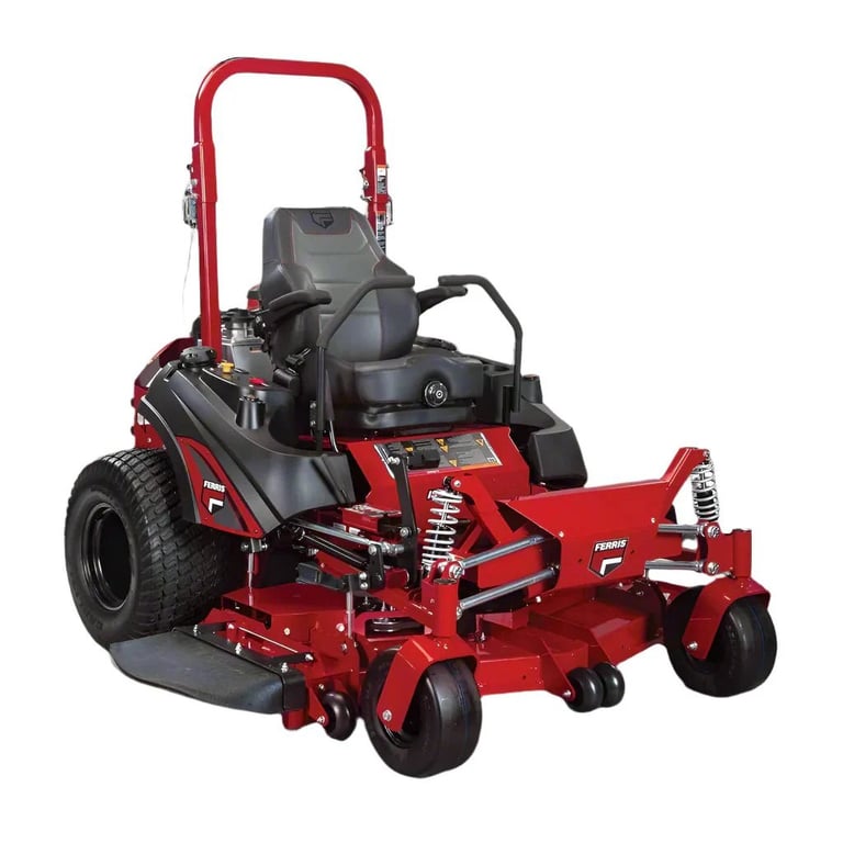 Red and black zero-turn radius lawn mower with operator seat and oversized tires on white background