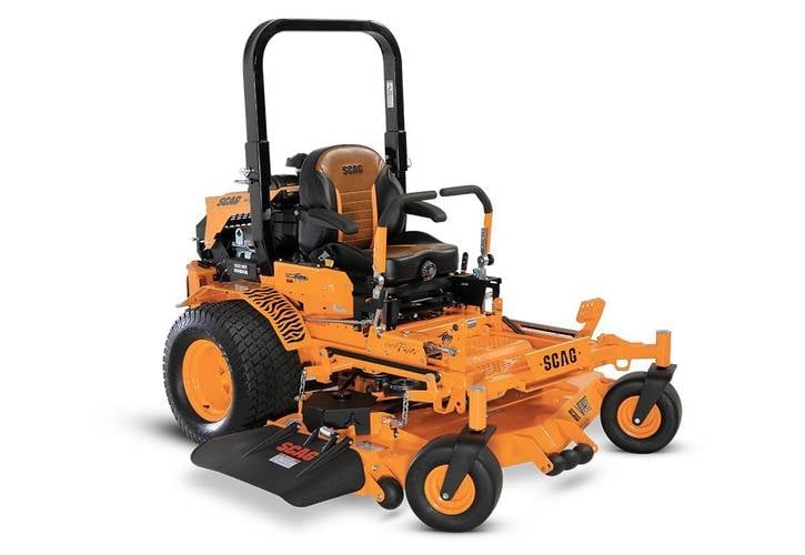 Orange and black zero-turn radius riding lawn mower with front deck cutter system