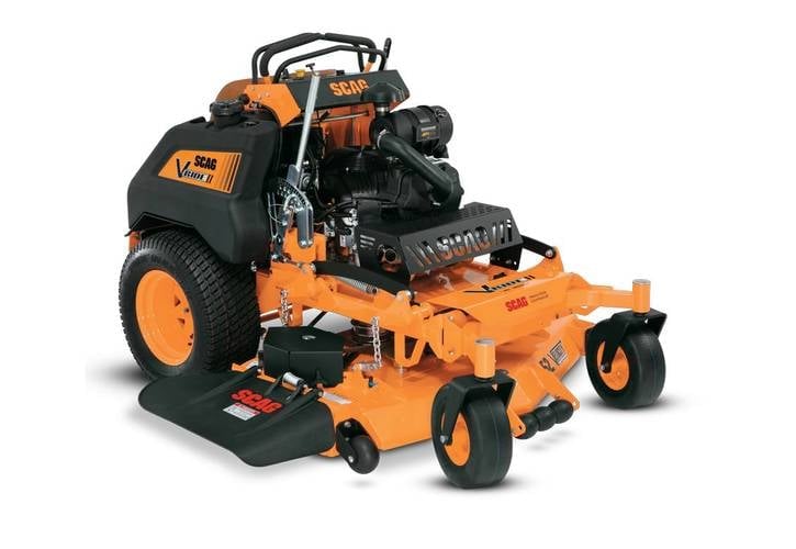 Orange and black commercial zero-turn radius riding mower with front-mounted cutting deck on white background