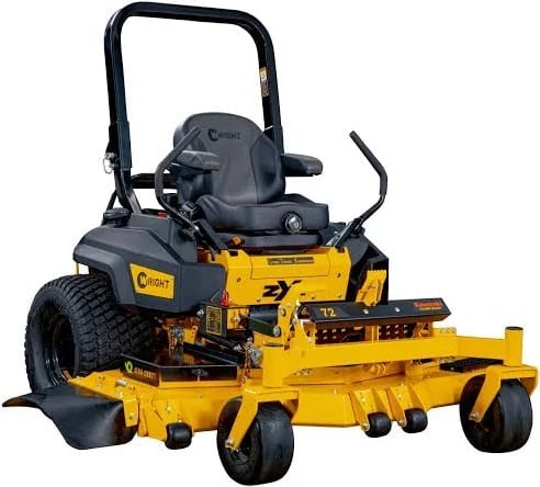 Yellow and black zero-turn radius riding lawn mower with black operator seat and handles