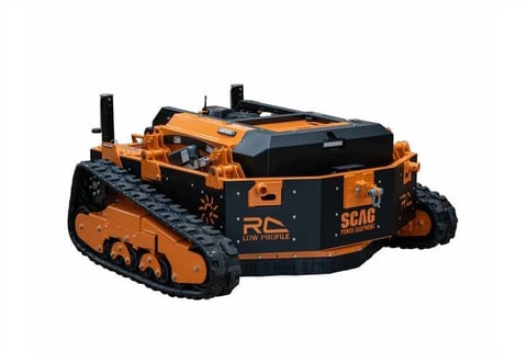 Orange and black remote control tracked robot with SCAB branding on white background