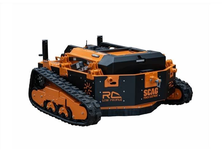 Orange and black remote control tracked robot with SCAB branding on white background