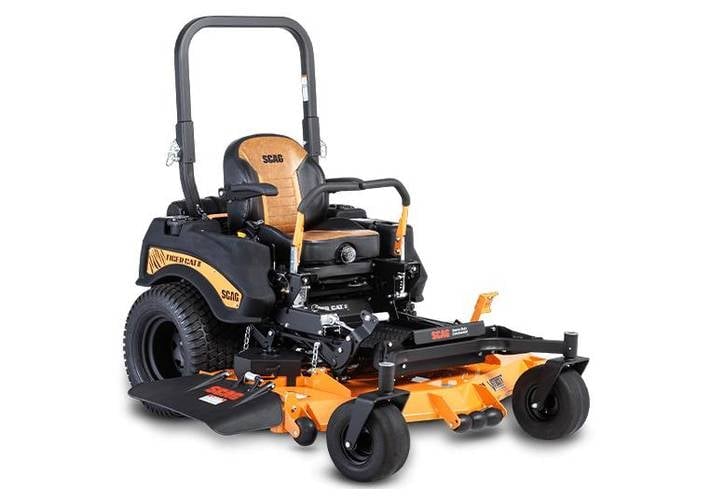 Black and orange zero-turn radius commercial riding lawnmower with large tires and front cutting deck