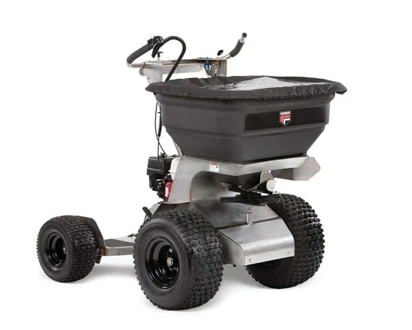 Wheeled broadcast spreader with black hopper and gray frame on four all-terrain tires