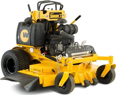 Yellow and black zero-turn radius lawn mower with deck blade attachment on white background