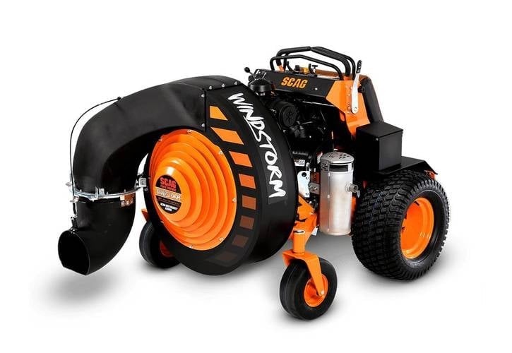 Orange and black wheeled leaf blower machine with large tire and intake hose on white background