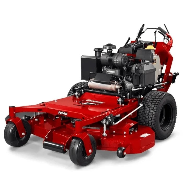 Red zero-turn radius riding lawn mower with black engine and deck against white background