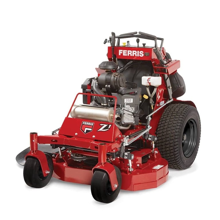 Red Ferris zero-turn riding lawn mower with black engine and dark tires on white background