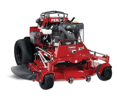 Red Ferris zero-turn mower with front-mounted cutting deck and black wheels on white background