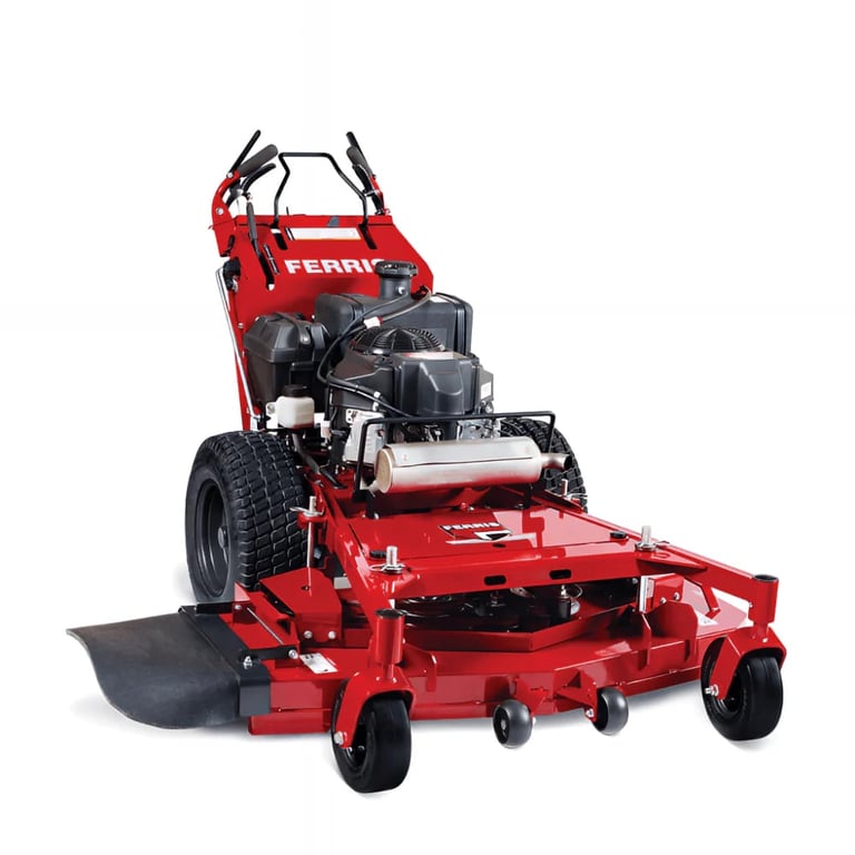 Red Ferris zero-turn radius commercial lawn mower with black engine and wide cutting deck