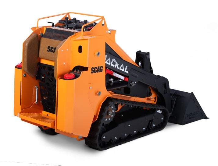Orange Scag skid steer loader with black tracked undercarriage and articulating bucket attachment