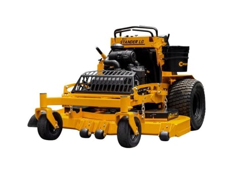 Yellow and black zero-turn radius lawn mower with front deck and large rear wheels