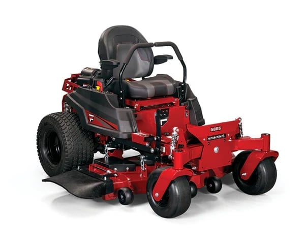 Red and black zero-turn radius riding lawn mower with seat, steering controls, and front-mounted cutting deck on white background
