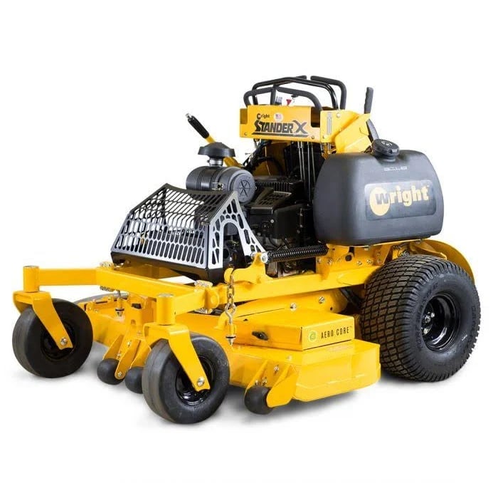 Yellow and black Wright Stander zero-turn commercial mower with front-mounted cutting deck and air filter basket