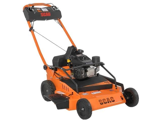 Orange and black gas-powered lawn mower with overhead handle and rear engine