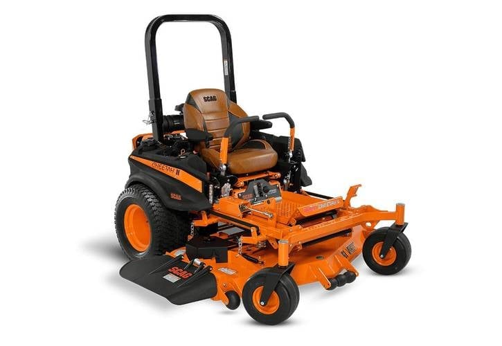 Orange and black zero-turn radius riding lawn mower with front-mounted cutting deck on white background
