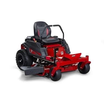 Red and black zero-turn radius riding lawn mower with front-mounted cutting deck on white background