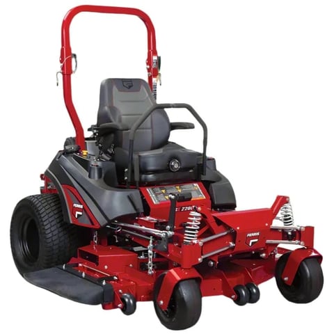 Red and black zero-turn radius riding lawn mower with padded seat and wide cutting deck