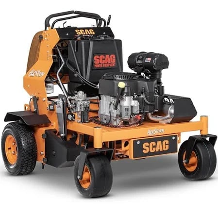 SCAG zero-turn radius mower with orange and black color scheme on white background