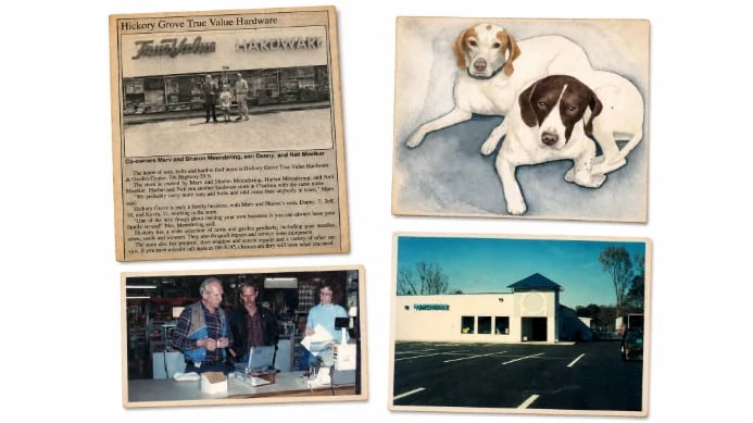 Collage of four vintage images showing a historic building advertisement, two dogs lying together, people in what appears to be a store or restaurant, and an exterior view of a commercial building