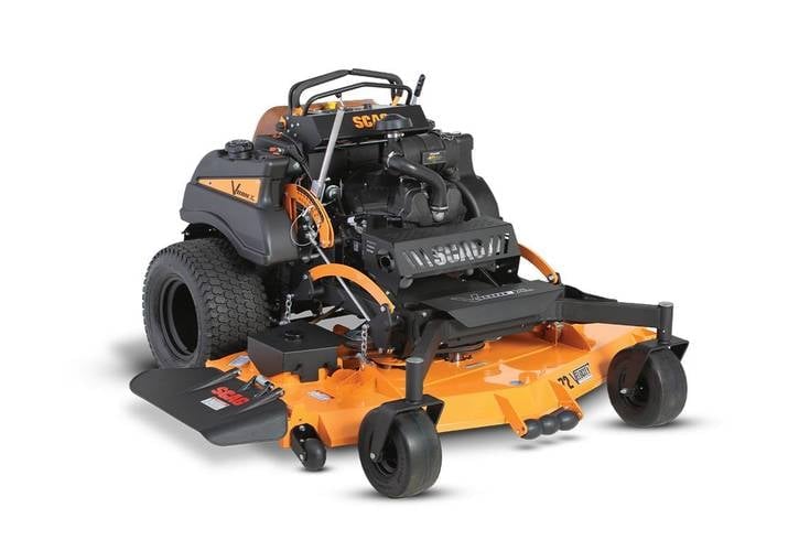 Orange and black zero-turn radius riding lawn mower with front-mounted cutting deck on white background