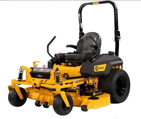 Yellow and black zero-turn riding lawn mower with front-mounted cutting deck and black operator seat