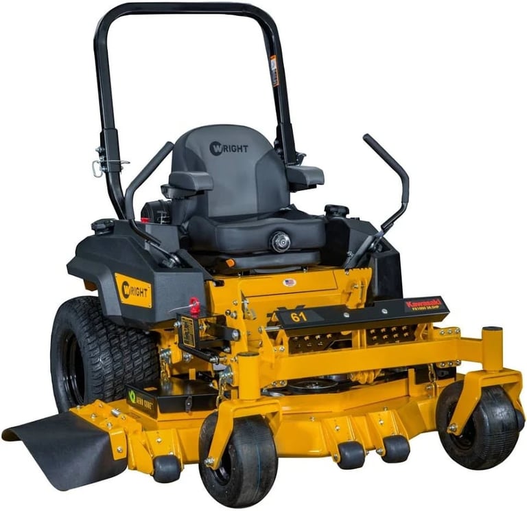Yellow and black zero-turn radius riding lawn mower with front-mounted cutting deck