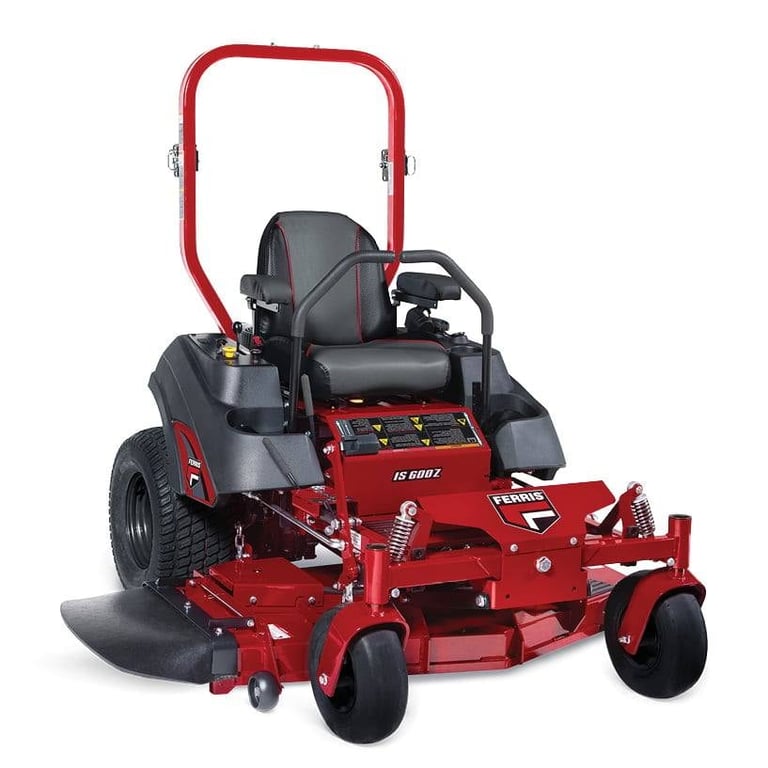 Red and black zero-turn radius riding lawn mower with high-back seat and red overhead safety canopy