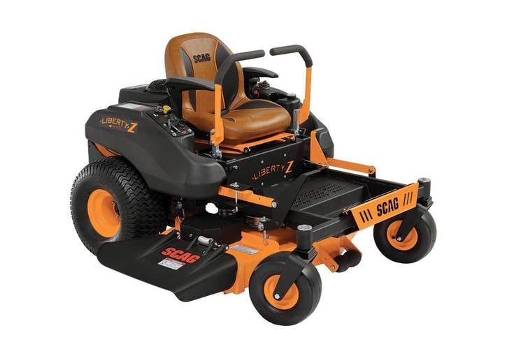 Orange and black zero-turn radius riding lawn mower with brown leather seat and front-mounted cutting deck