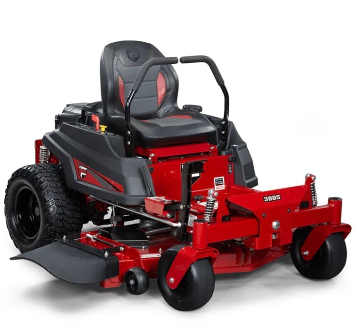 Red and black zero-turn radius riding lawn mower with padded seat and black tires on white background