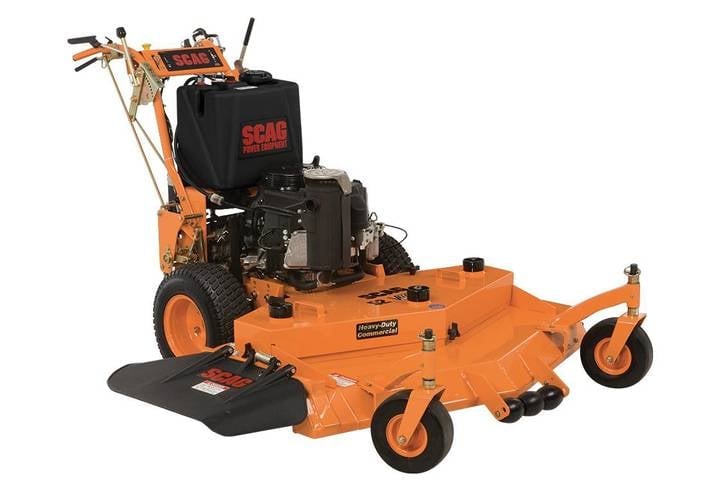 Orange and black commercial walk-behind lawn mower with engine mounted on top and front discharge chute