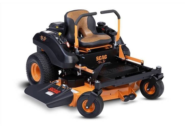 Orange and black SCAG zero-turn radius riding lawn mower with tan seat viewed from the side
