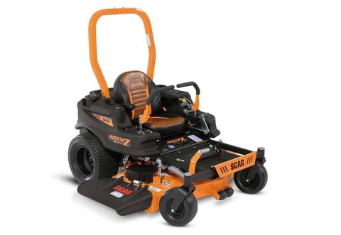 Black and orange zero-turn radius riding lawn mower with front-mounted cutting deck and orange roll cage