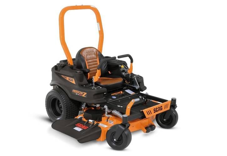Black and orange zero-turn radius riding lawn mower with front-mounted cutting deck and orange roll cage