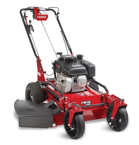 Ferris red and black walk-behind zero-turn radius lawn mower with gas engine against white background