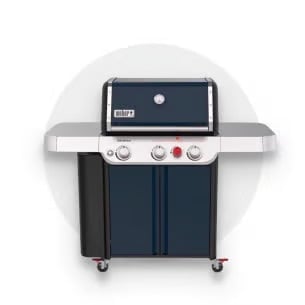 Black and stainless steel propane grill with front control knobs on wheels against a light circular background