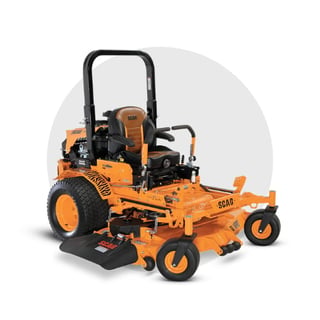 Orange and black zero-turn radius commercial lawn mower with operator seat and controls